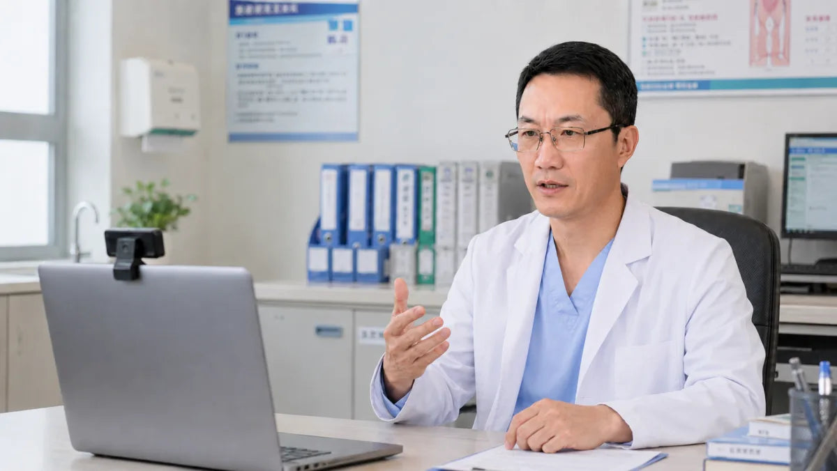 Chinese specialist reviewing an online consultation from a modern medical office